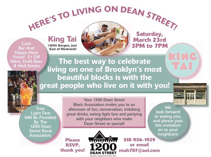 flyer announcing the 1200 Dean Street Block Association's March 23, 2019 Meet and Greet at King Tai in Brooklyn, NY